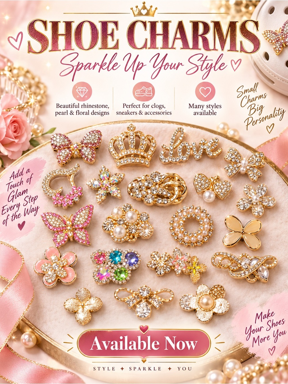 Shoe Charms Rhinestone & Pearl Embellishments - Gold & Pink